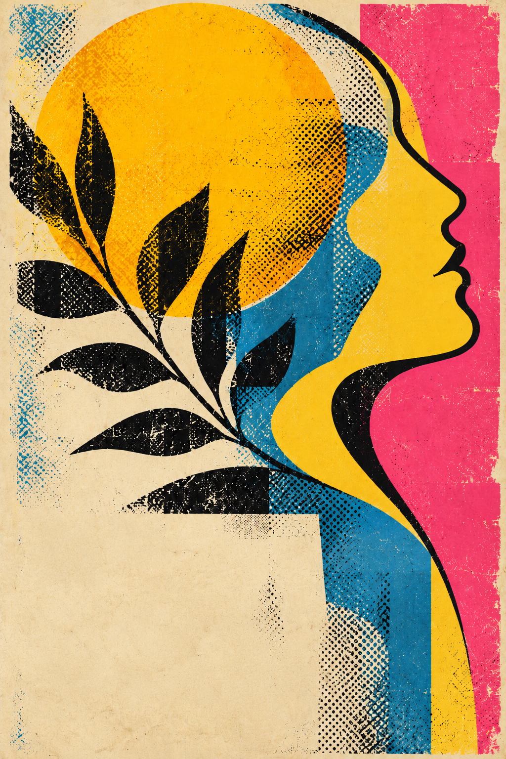Solar Bloom, ilustración pop art con rostro de perfil, sol amarillo y hojas negras
